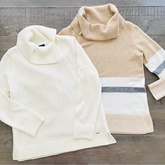DKNY Women's Cowl & Turtleneck Sweater Set of 2 - Cream and Tan Size L - Picture 1 of 11